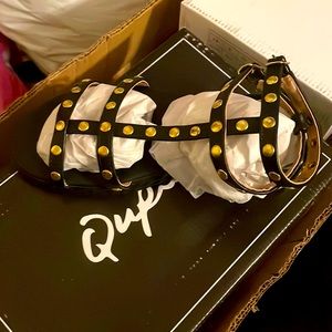 Black gladiator sandals with gold studs wrap around the ankle platform sandals